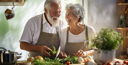 Older couple preparing food while wearing dental implants
