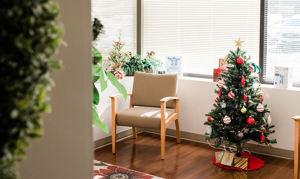 Dental waiting room decorated for Christmas